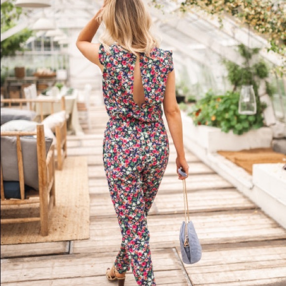 Dark Blue Judie Jumpsuit with flowers NWT - Picture 2 of 3